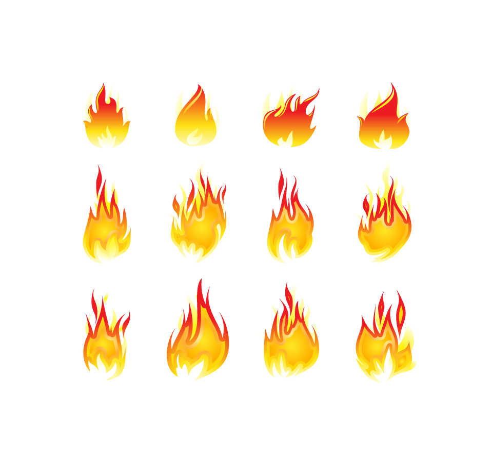 さまざまな形のグラデーションFireアイコンのセット。ダイナミクスにおける火の炎。明るい目を引くシンボル。アプリのUIシンボル、デザイン要素。広告のためのソーシャルメディアの概念。ベクターのイラスト素材・ベクターImage 171927129