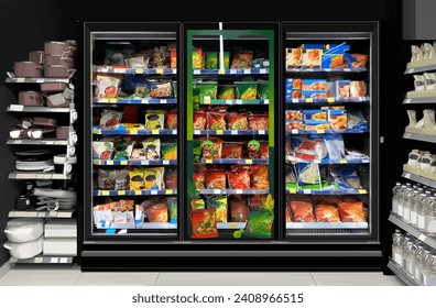 買い物客の女の子とスーパーインテリア。食料品店のイラスト。Premiumベクトル素材