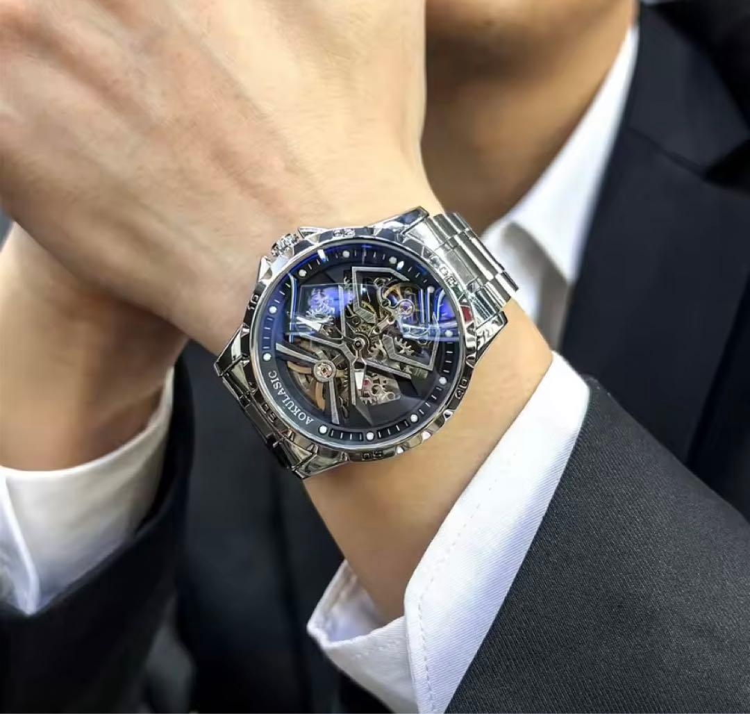 自動巻き腕時計 シンプルスケルトンデザイン ブラックケース 革ベルト 機械式 WSA026-BLU メンズ腕時計