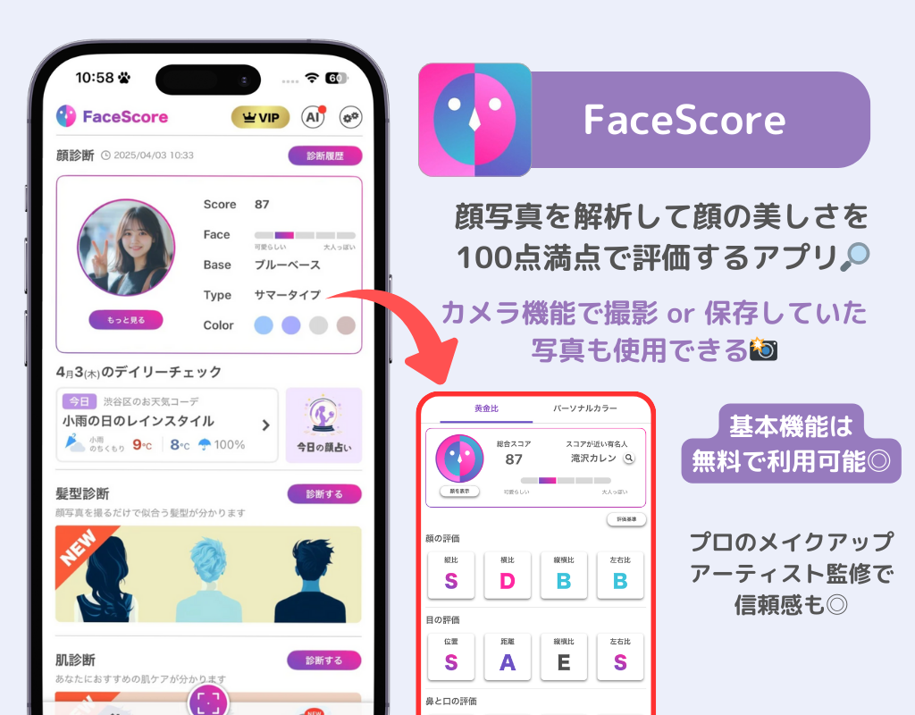 FaceScore」顔のバランスを点数で採点 顔診断アプリ」 - iPhoneアプリAPPLION