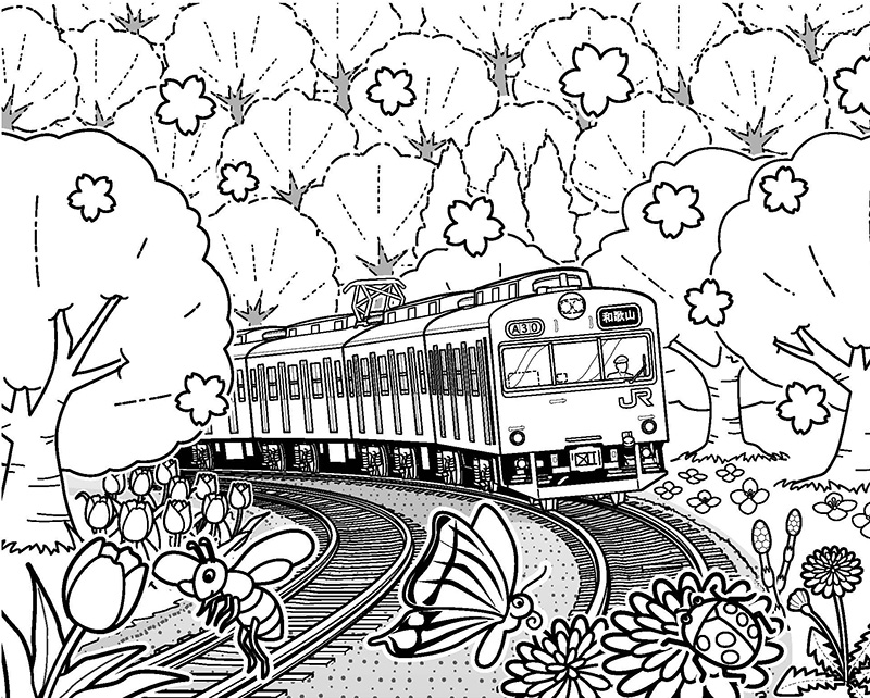 新幹線と貨物列車がすれ違う 塗り絵ページ 無料のPDF＆PNGプリント